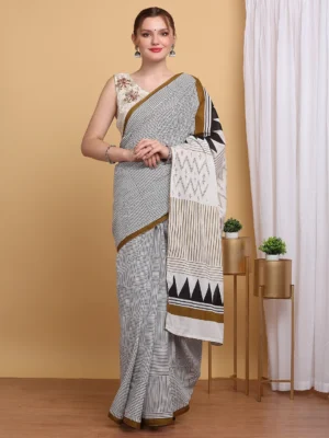 Ivory & Mustard Cotton Mul Hand Block Print Saree with Contrast Border