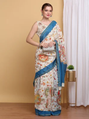 Off White Chanderi Saree with Multicolor Kalamkari Print & Blue Border
