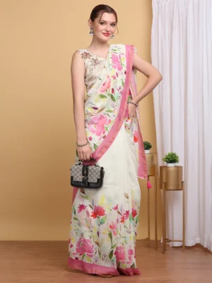Off White Floral Printed Chanderi Saree with Pink Border & Pallu