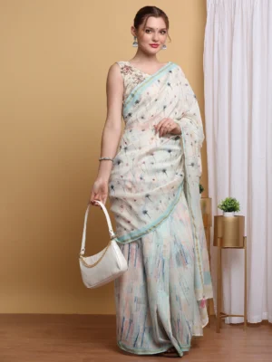 Off White Floral Printed Chanderi Saree with Blue Border & Pallu