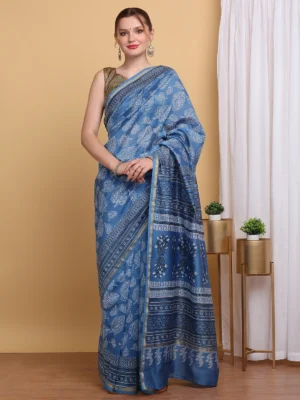 Blue Chanderi Cotton Silk Block Print Saree