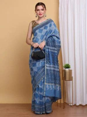 Blue Chanderi - Cotton Silk Block Print Saree