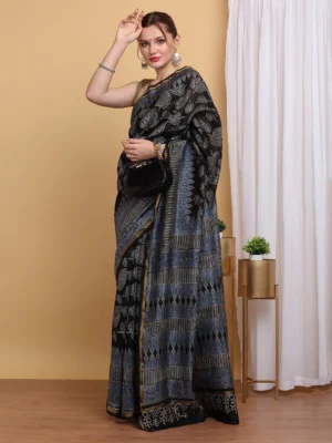 Black Chanderi Cotton Silk Block Print Saree