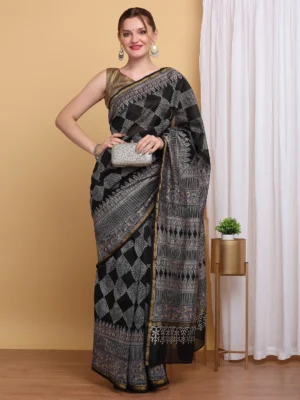 Black Chanderi - Cotton Silk Block Print Saree