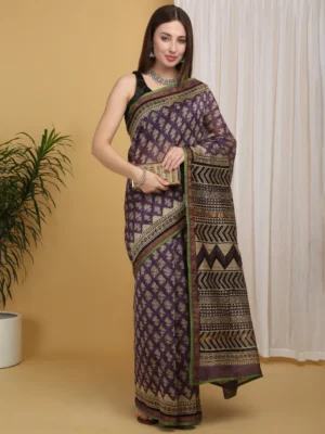 Purple Chanderi Cotton Silk Block Print Saree
