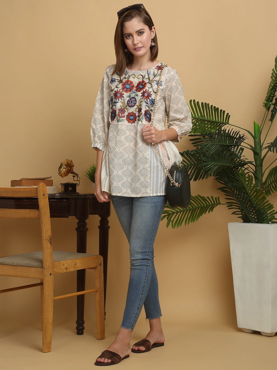 Women’s Block Printed Cotton Tunic with Embroidered Floral Yoke