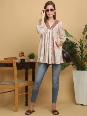 Women’s Floral Embroidered Cotton Tunic Top with Mixed Stripe Details