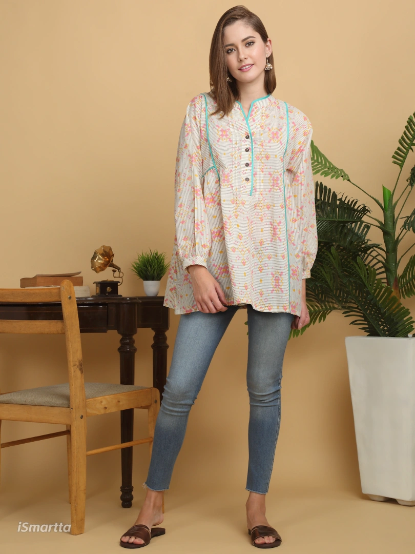 Women’s Floral Printed Cotton Tunic Top with Contrast Piping