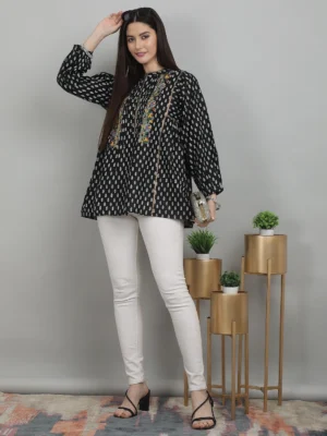 Women’s Black Block Printed Cotton Tunic with Embroidery & Pleat Detailing