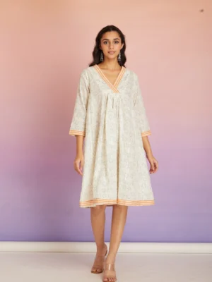 Ivory Hand Block Print Cotton Dress for Women | Flared V-Neck Summer Tunic Dress