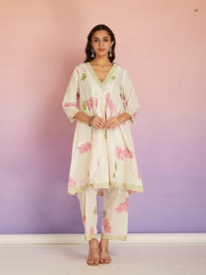 Hand Block Print Cotton Lotus Co-ord Set for Women | Floral Kurta Pant Set