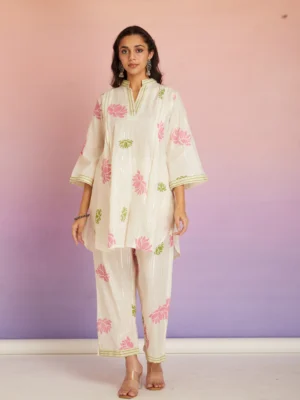 Floral Hand Block Print Cotton Co-ord Set for Women | Relaxed Kurta Pant Set