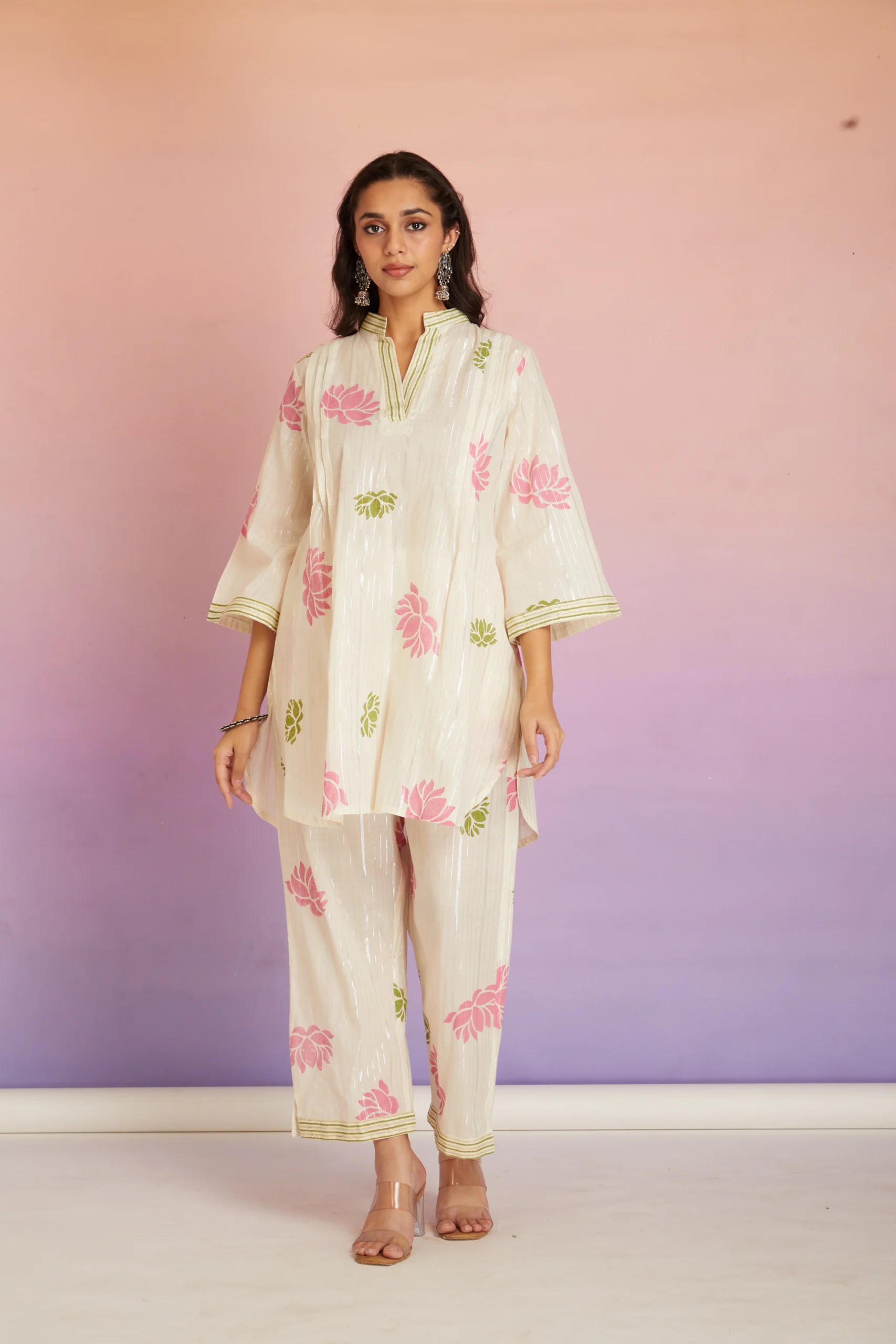 Floral Hand Block Print Cotton Co-ord Set for Women | Relaxed Kurta Pant Set