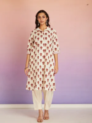 Hand Block Print Cotton Kurta Pant Set for Women | Floral Straight Kurta Co-ord Set