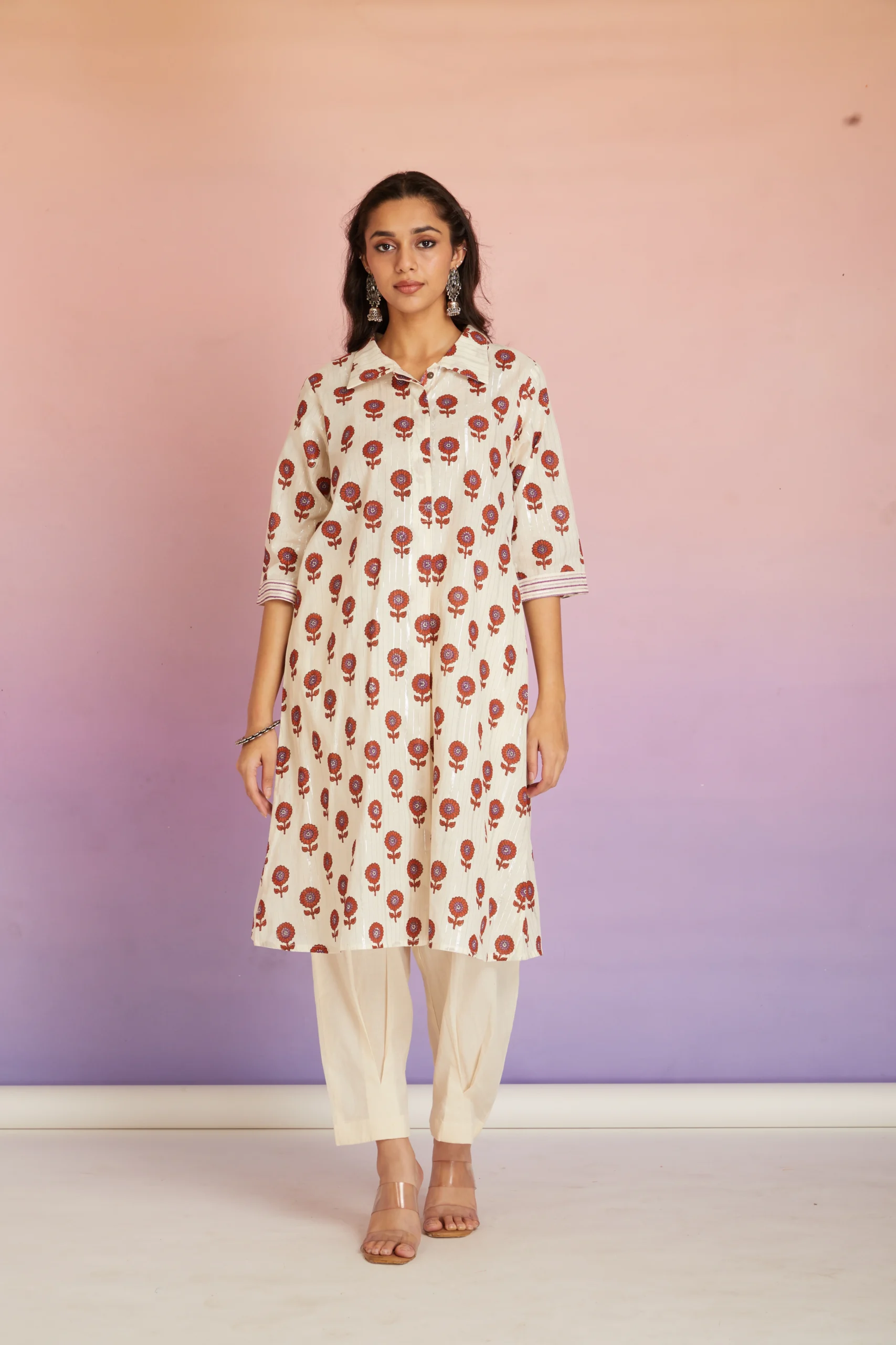 Hand Block Print Cotton Kurta Pant Set for Women | Floral Straight Kurta Co-ord Set