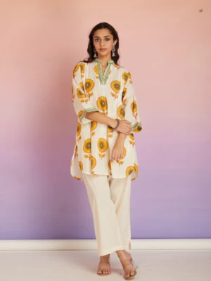 Sunflower Hand Block Print Cotton Kurta Pant Set for Women | Relaxed Ethnic Co-ord Set