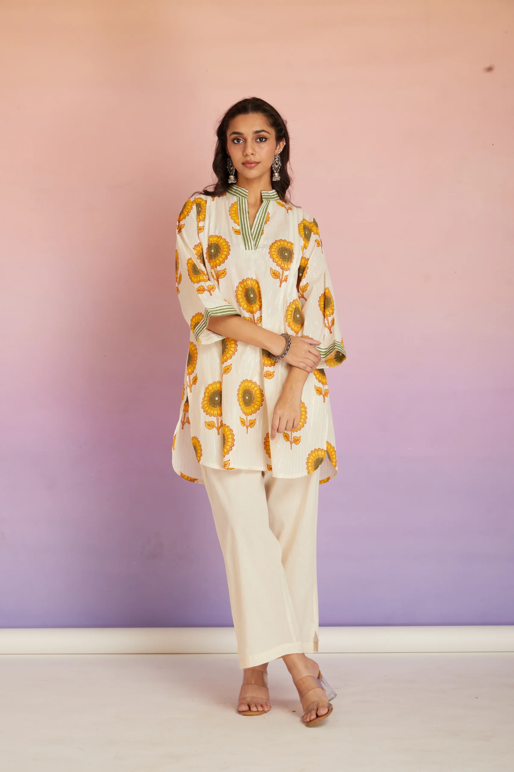 Sunflower Hand Block Print Cotton Kurta Pant Set for Women | Relaxed Ethnic Co-ord Set