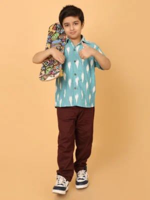 Boys Handloom Ikat Cotton Shirt – Sky Blue Short Sleeve Casual Shirt for Kids | Breathable Summer Wear