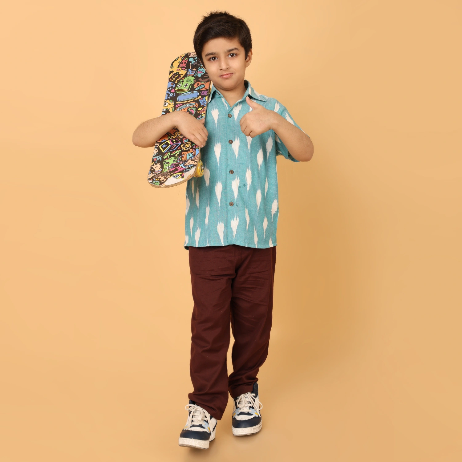 Boys Handloom Ikat Cotton Shirt – Sky Blue Short Sleeve Casual Shirt for Kids | Breathable Summer Wear