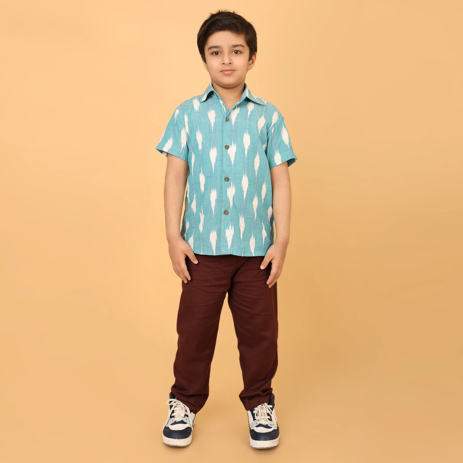 Boys Handloom Ikat Cotton Shirt – Sky Blue Short Sleeve Casual Shirt for Kids | Breathable Summer Wear - Image 6