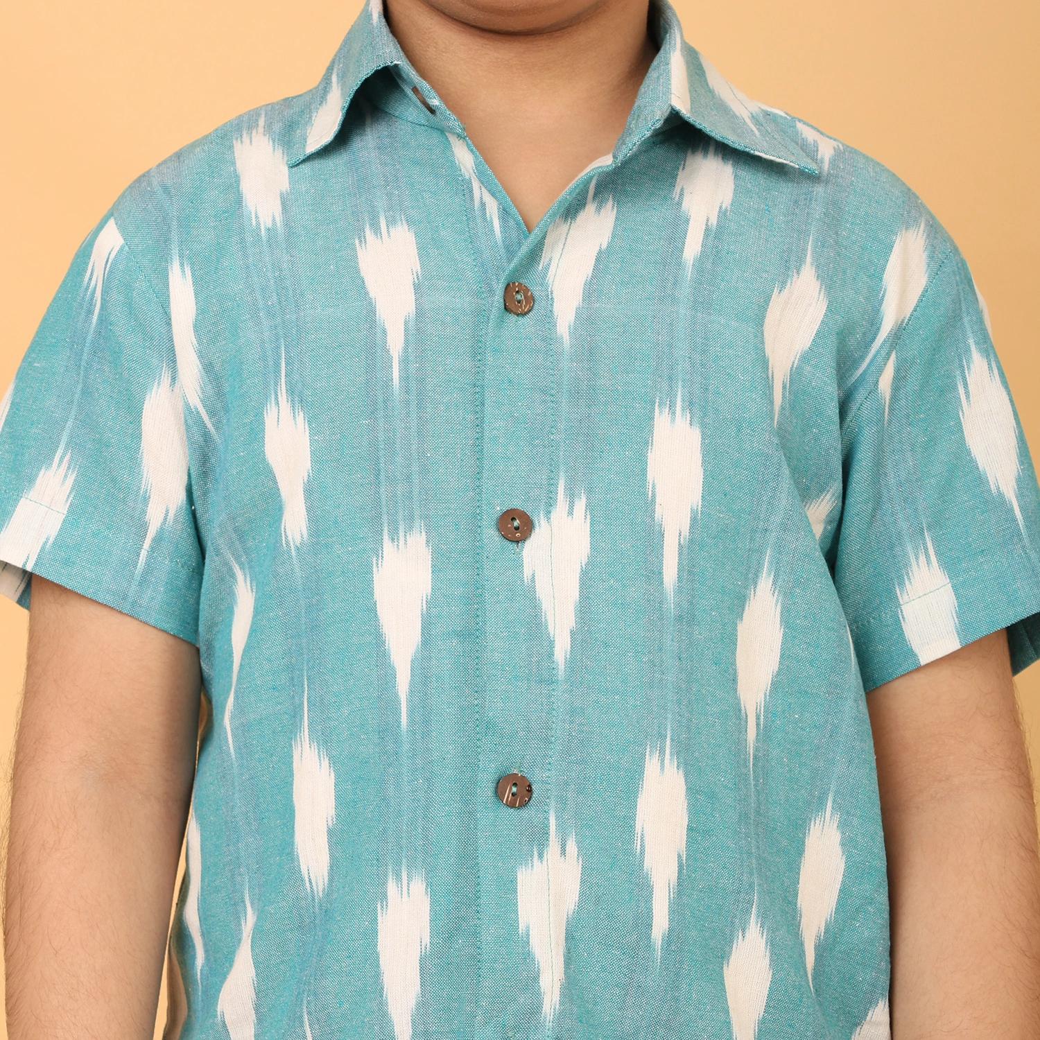Boys Handloom Ikat Cotton Shirt – Sky Blue Short Sleeve Casual Shirt for Kids | Breathable Summer Wear - Image 5