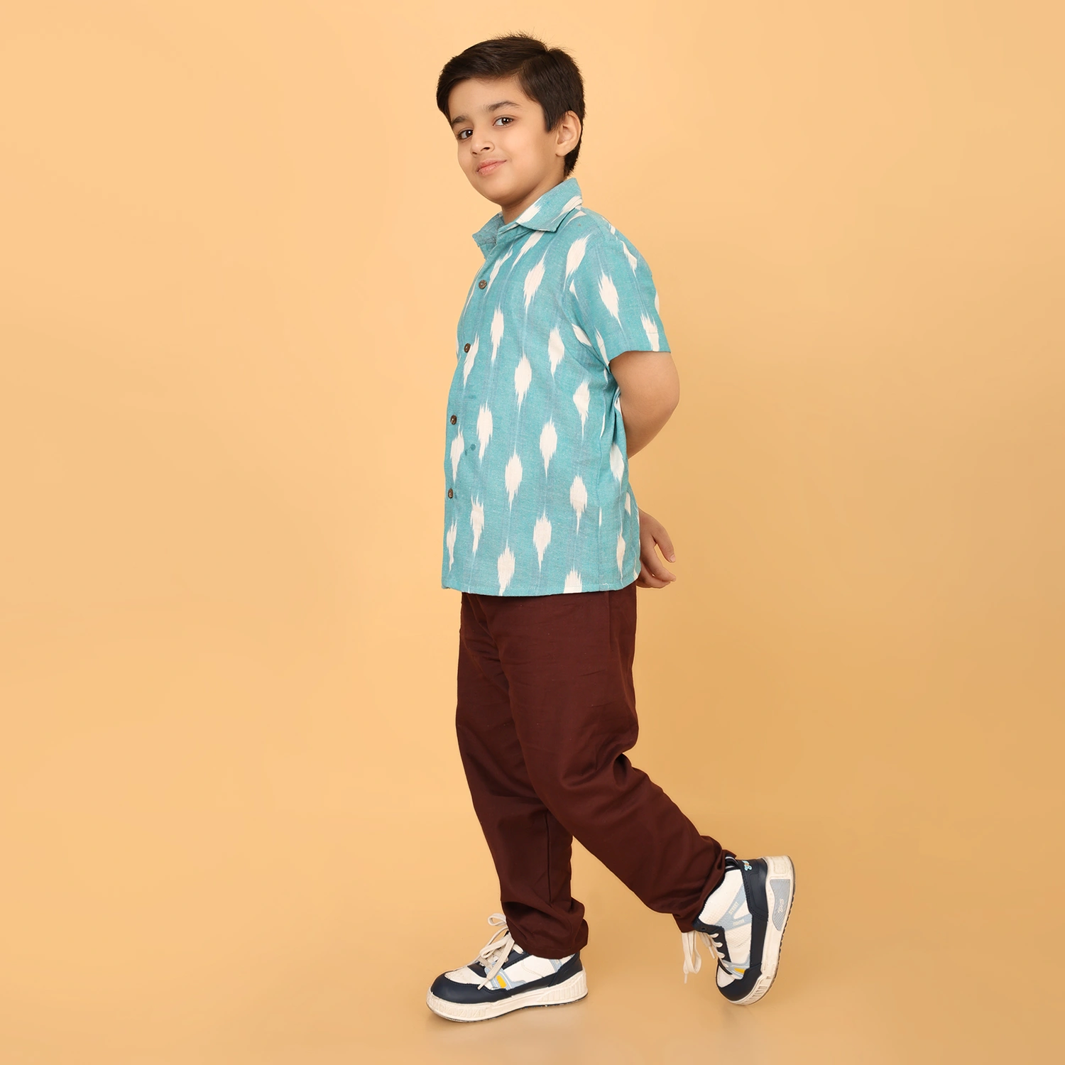 Boys Handloom Ikat Cotton Shirt – Sky Blue Short Sleeve Casual Shirt for Kids | Breathable Summer Wear - Image 4