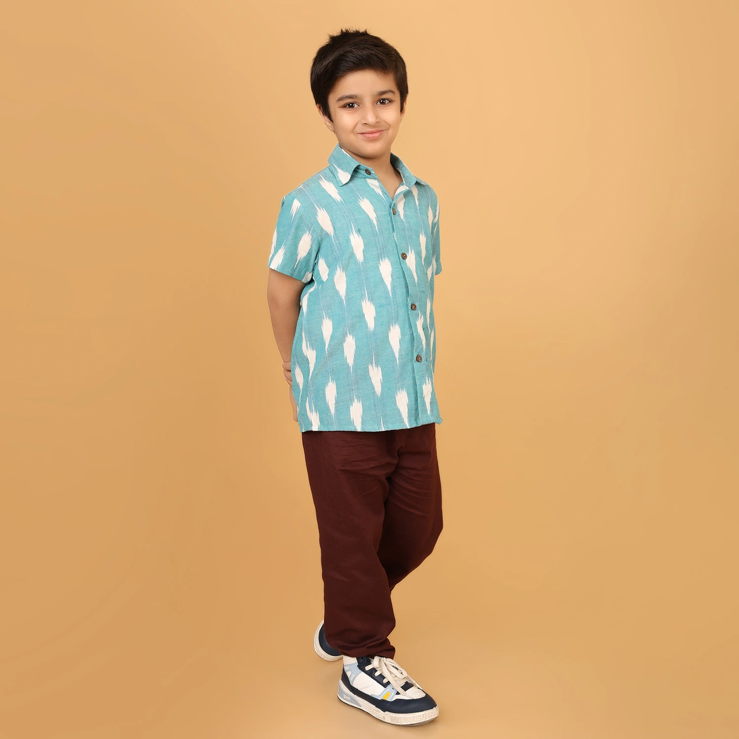 Boys Handloom Ikat Cotton Shirt – Sky Blue Short Sleeve Casual Shirt for Kids | Breathable Summer Wear - Image 3